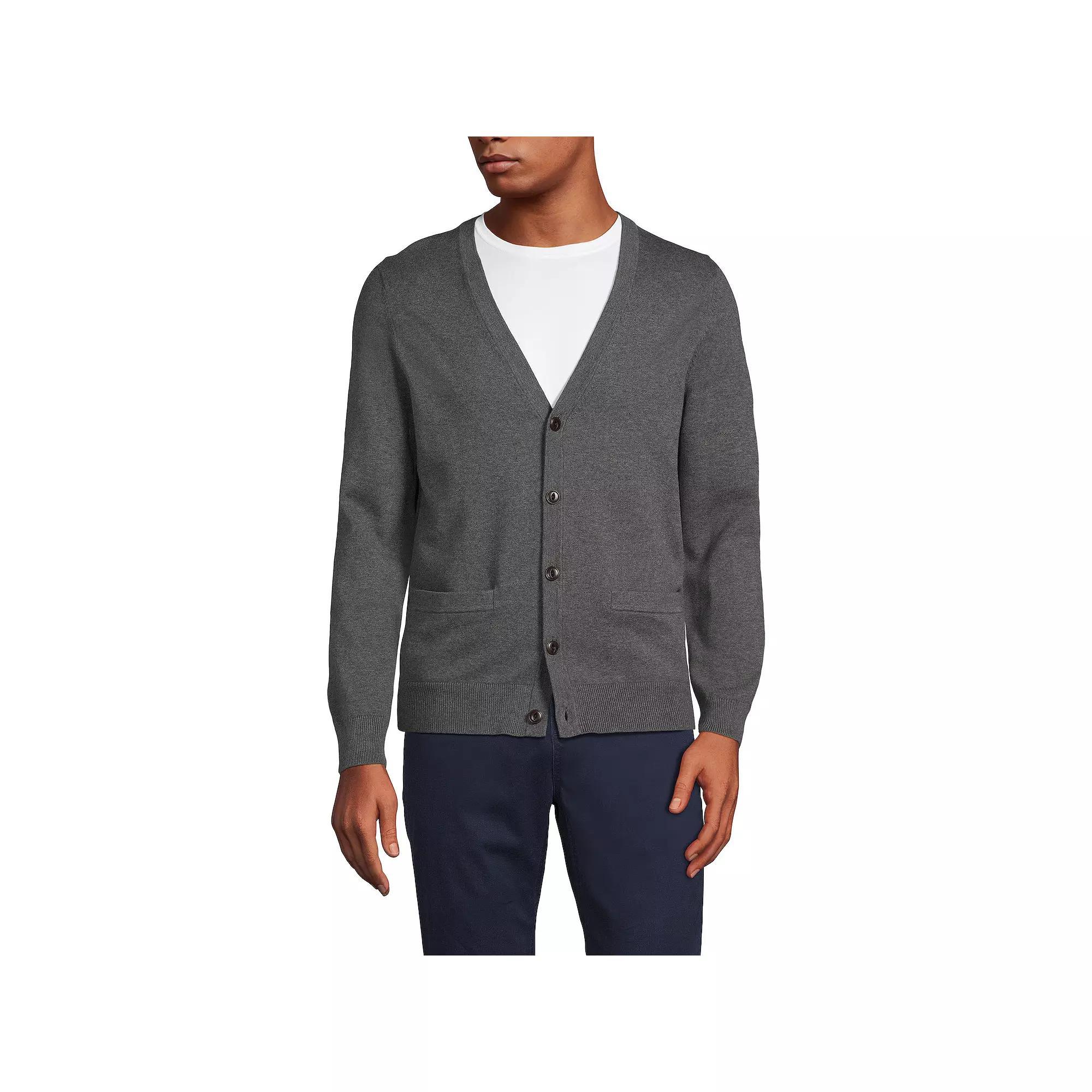 Men's Lands' End Fine Gauge Cotton Cardigan Sweater, Size: Medium, Grey Heather Product Image
