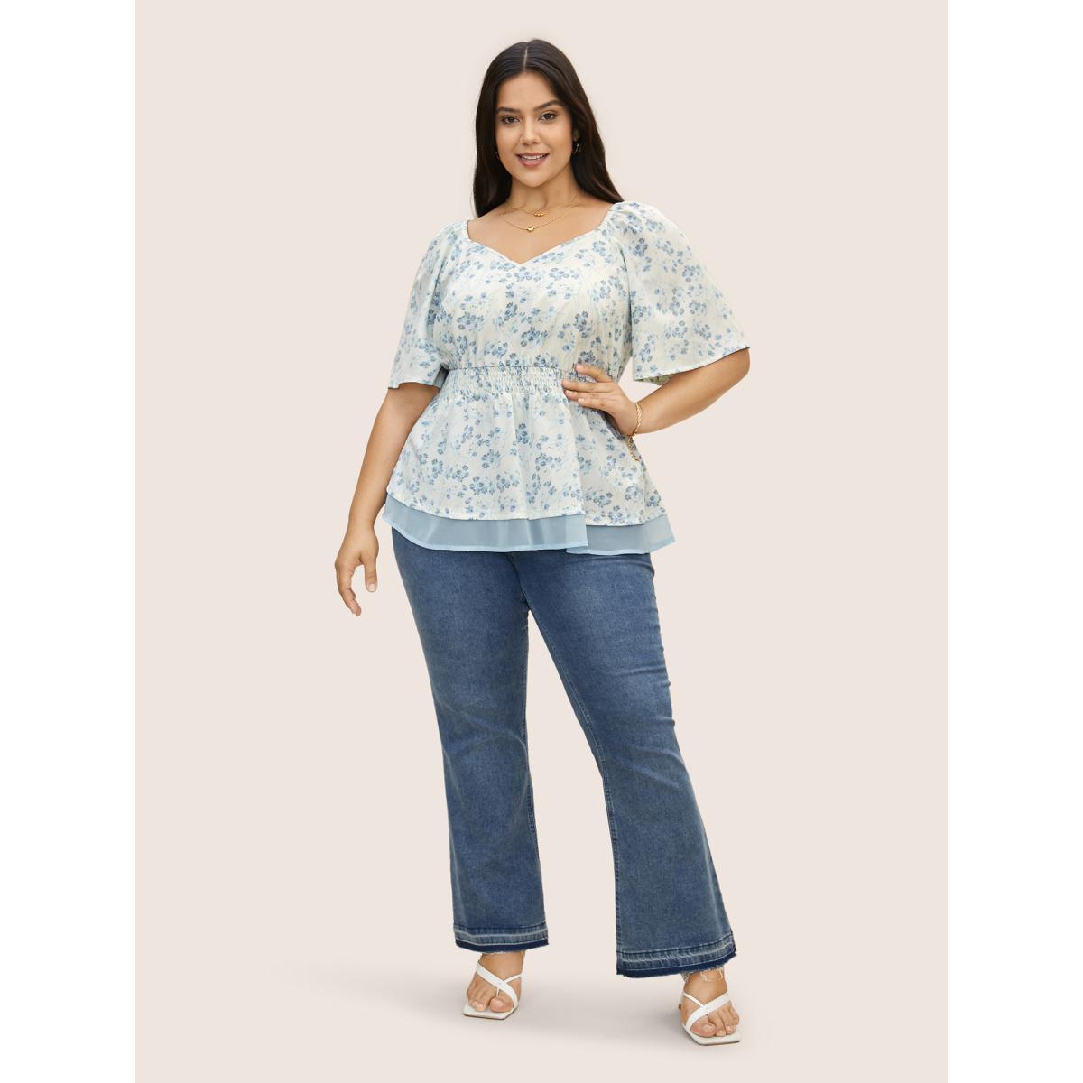 Plus Size Originalwhite Natural Flowers Shirred Patchwork Ruffle Sleeve Blouse Women Elegant Short sleeve Heart neckline Everyday Blouses BloomChic 10/M Product Image