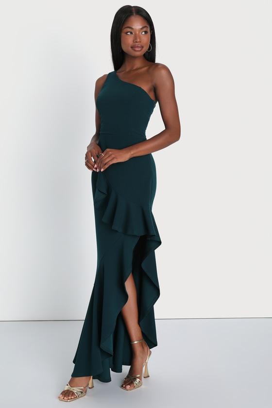 Dramatic Persona Emerald Green One-Shoulder Ruffled Maxi Dress Product Image