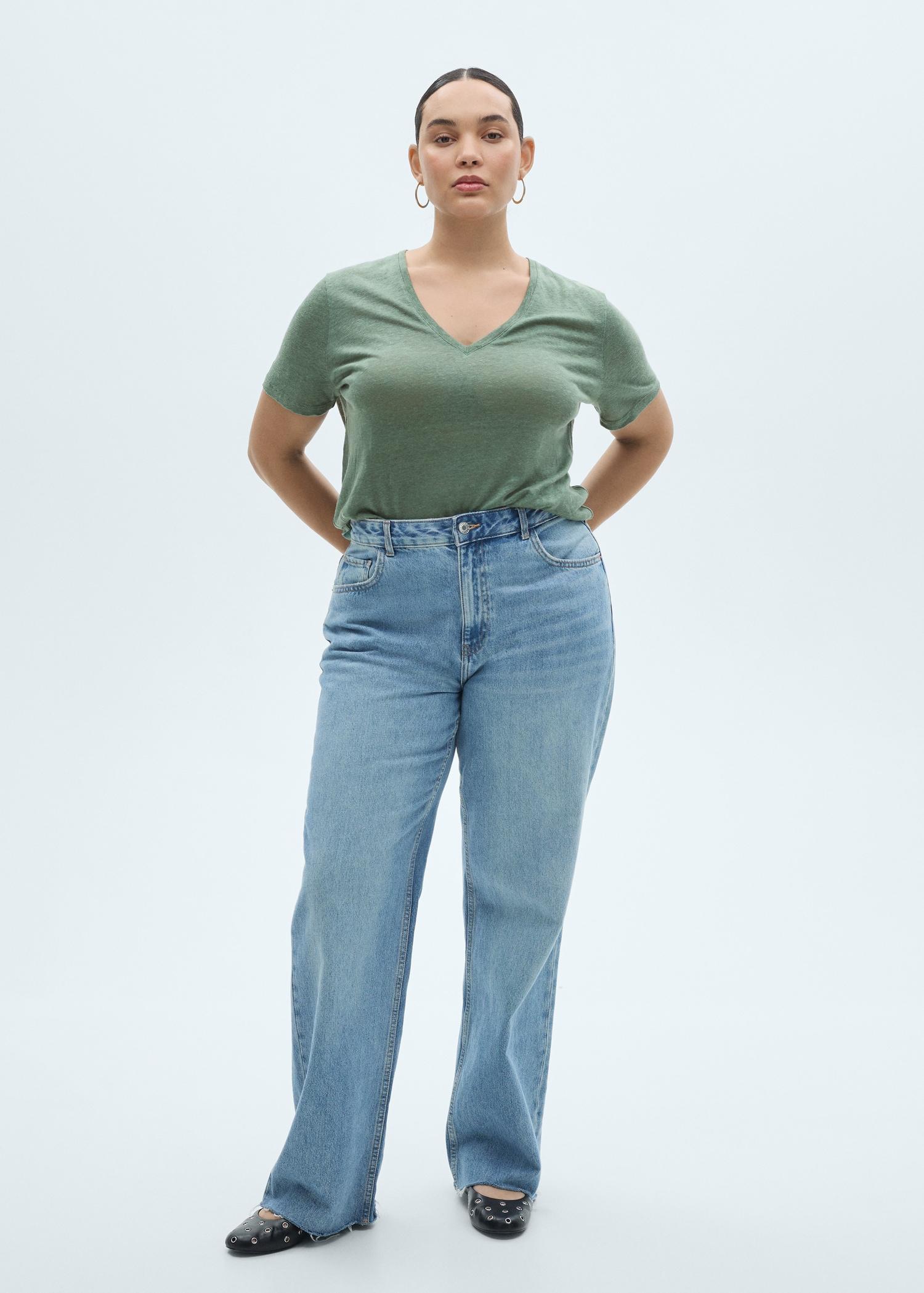 V-neck linen t-shirt - Women | MANGO USA Product Image