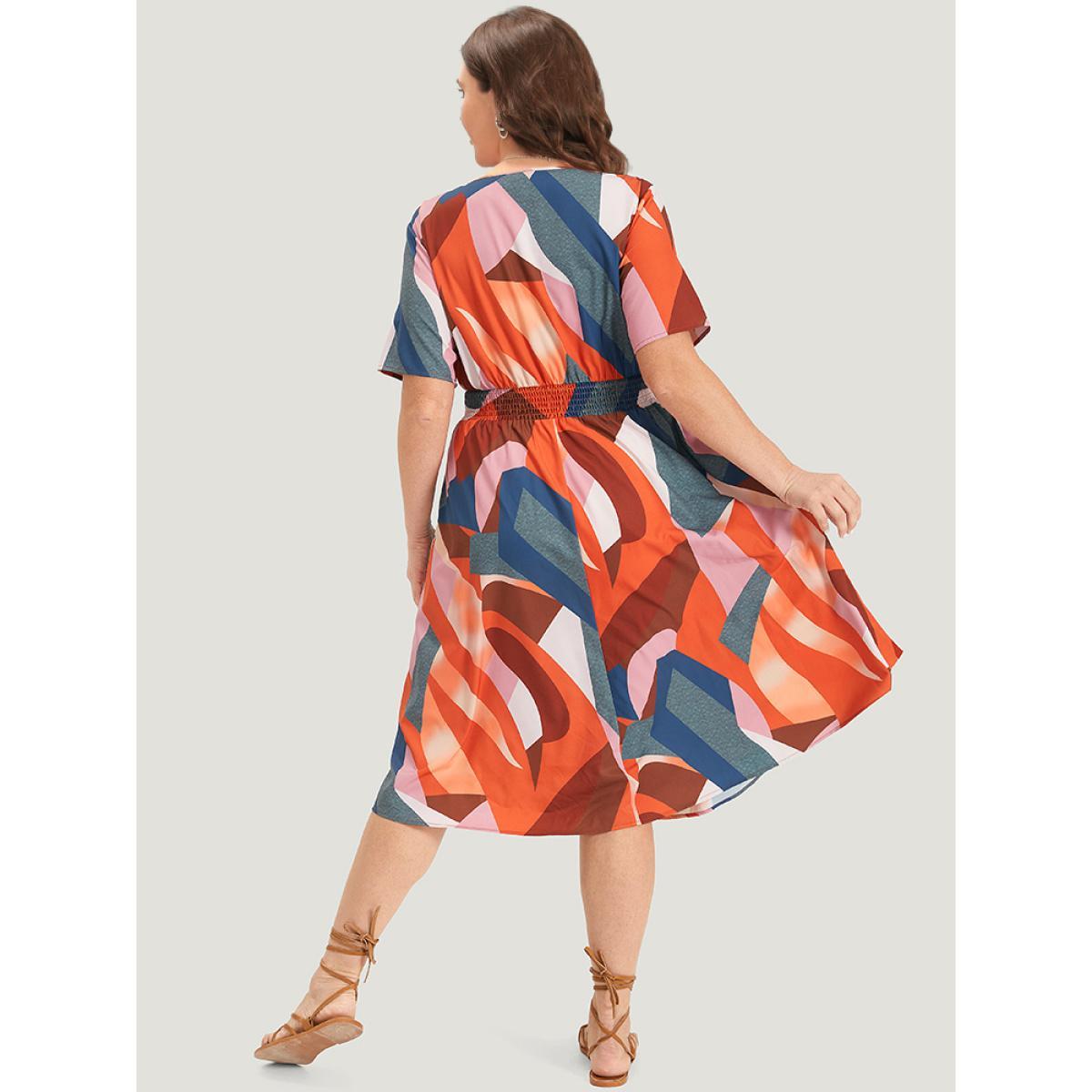 Plus Size Colour Geometric Contrast Shirred Ruffles Elastic Waist Dress Multicolor Women Vacation Elastic Waist V-neck Short sleeve Curvy Midi Dress BloomChic 18-20/2X Product Image
