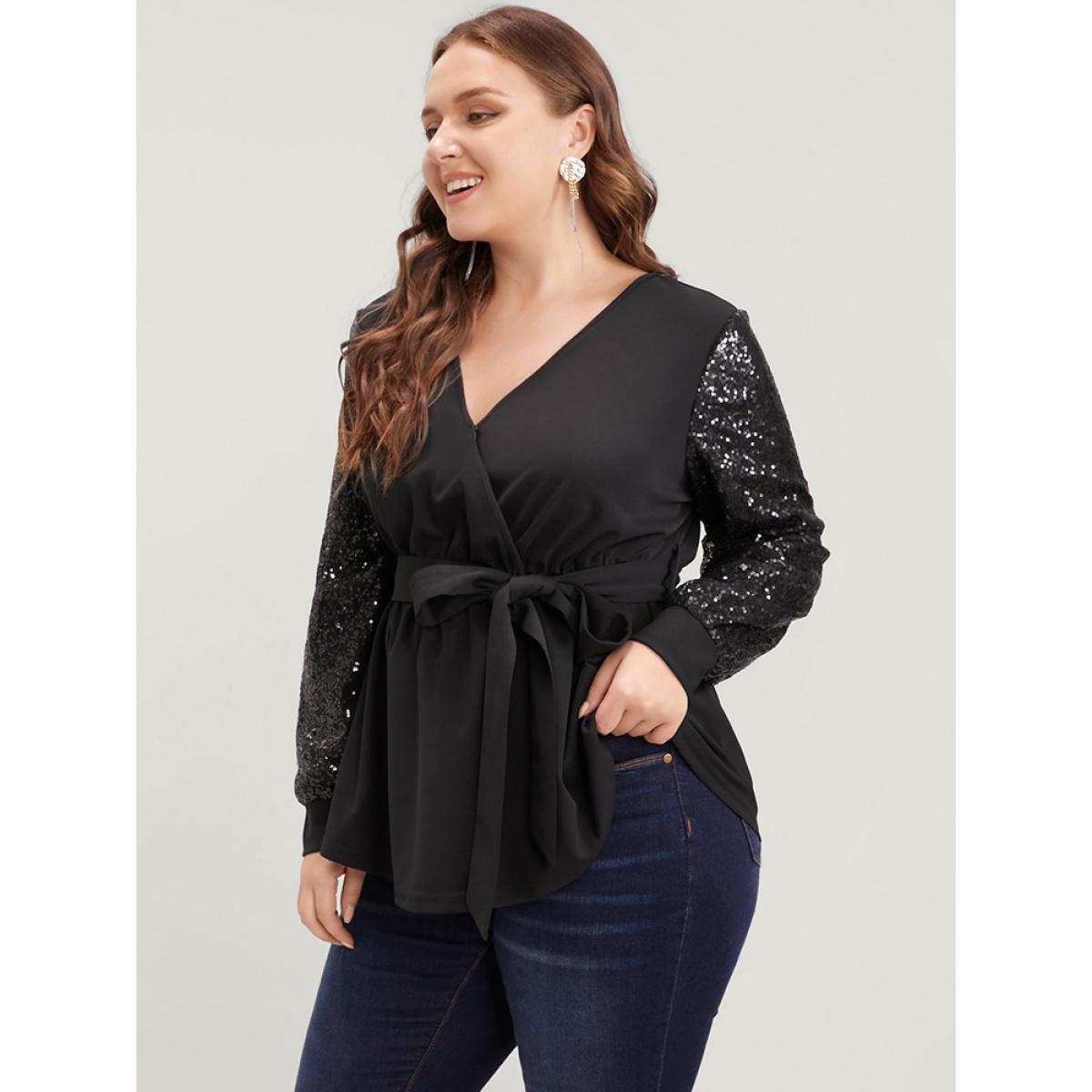 Plus Size Black Solid Sequin Belted Surplice Neck Blouse Women Party Long Sleeve V-neck Going out Blouses BloomChic 12/L Product Image
