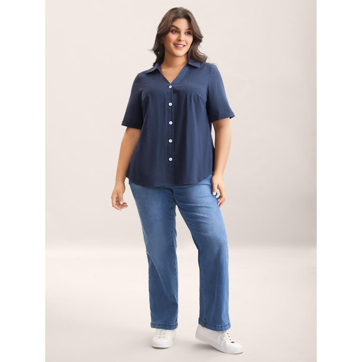 Plus Size Indigo Cotton Collar Button Placket Blouse Women Half Sleeve Shirt collar Everyday-Casual Blouses BloomChic 30/6X Product Image