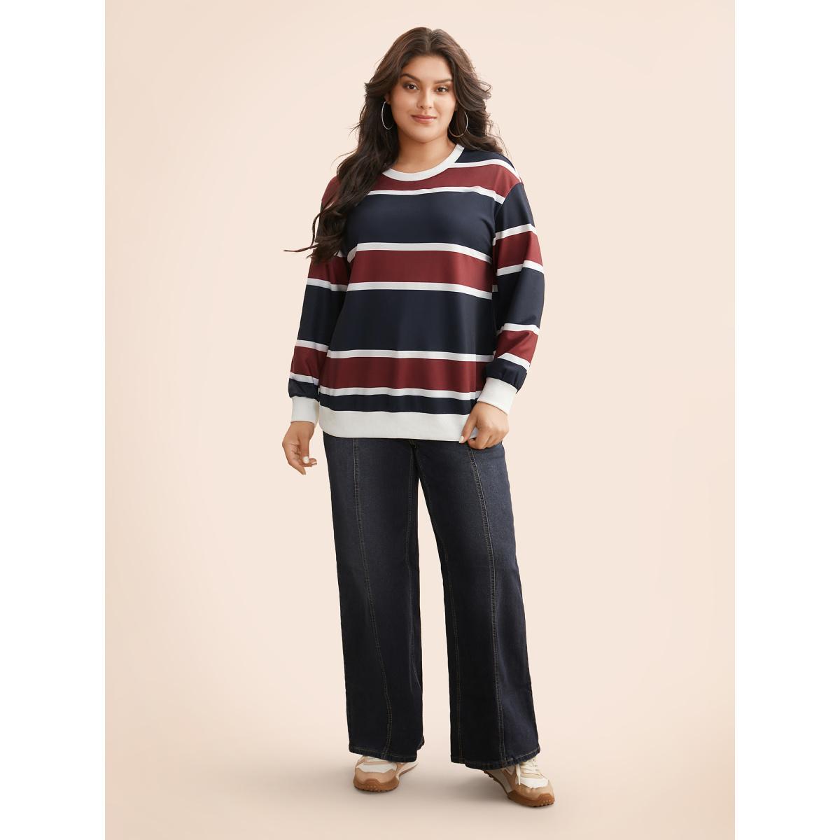 Plus Size Contrast Striped Drop Shoulder Sweatshirt Women Multicolor Casual Contrast Round Neck Everyday Sweatshirts BloomChic 10/M Product Image
