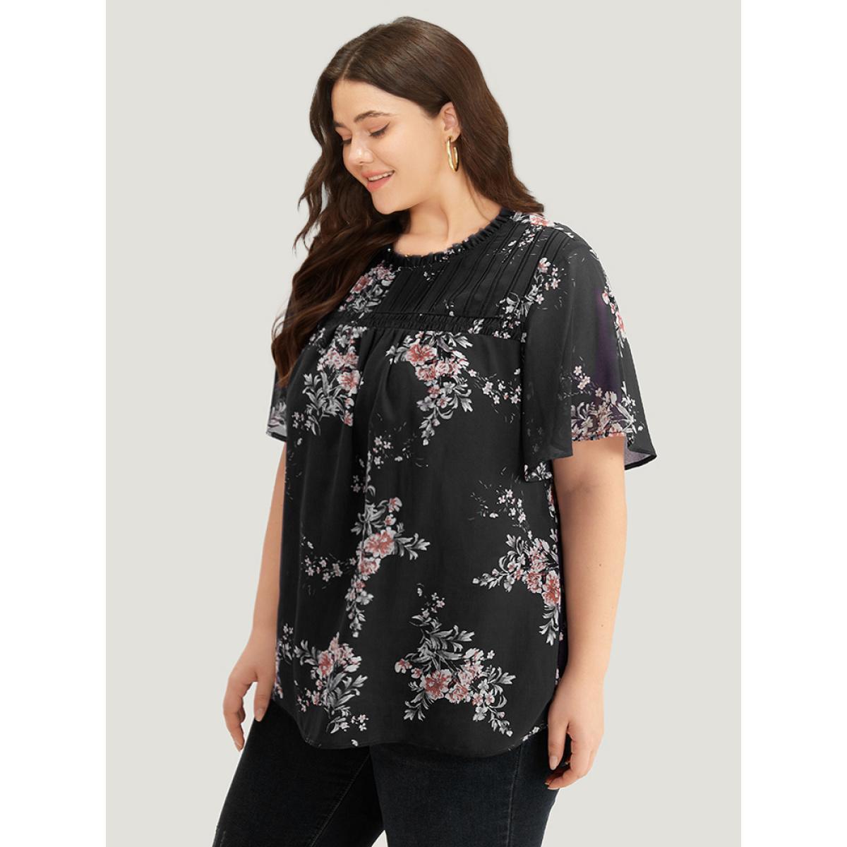 Plus Size Indigo Floral Print Frill Trim Shirred Flutter Sleeve Blouse Women Elegant Short sleeve Round Neck Dailywear Blouses BloomChic 26/4X Product Image