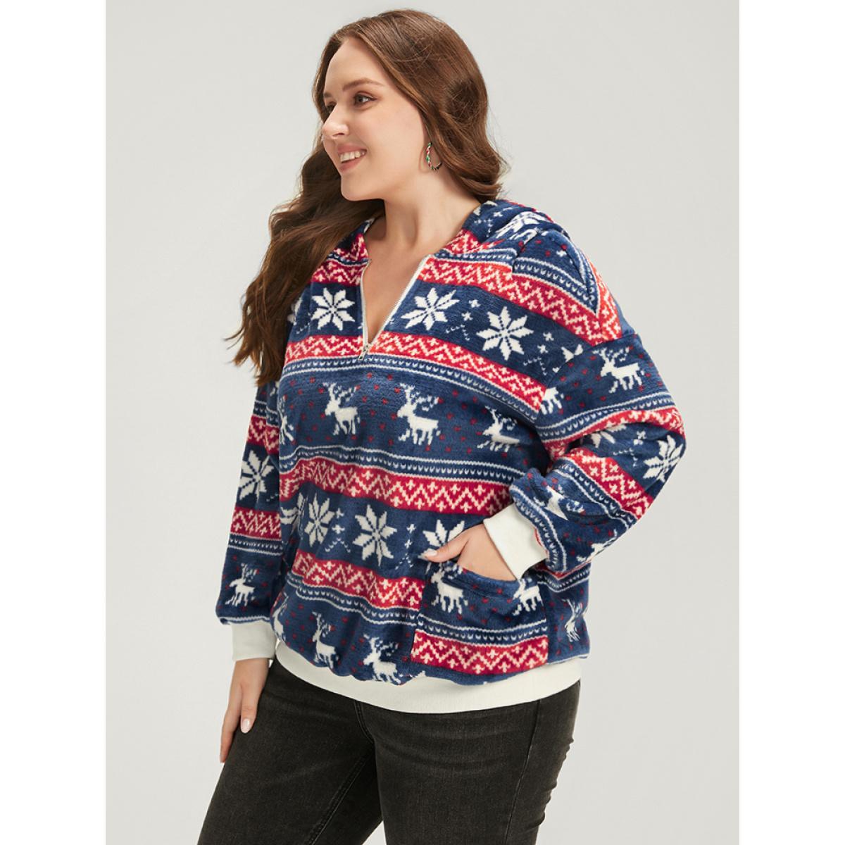 Plus Size Snowflake & Elk Print Zipper Pocket Sweatshirt Women DarkBlue Casual Zipper Hooded Dailywear Sweatshirts BloomChic 18-20/2X Product Image