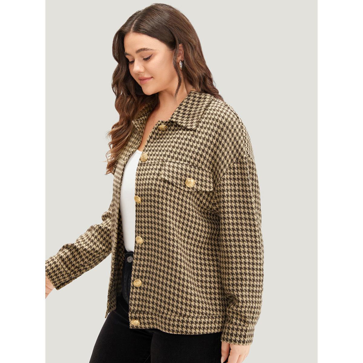 Plus Size Houndstooth Pocket Metal Detail Jacket Women Tan Texture Dailywear Jackets BloomChic 14-16/1X Product Image