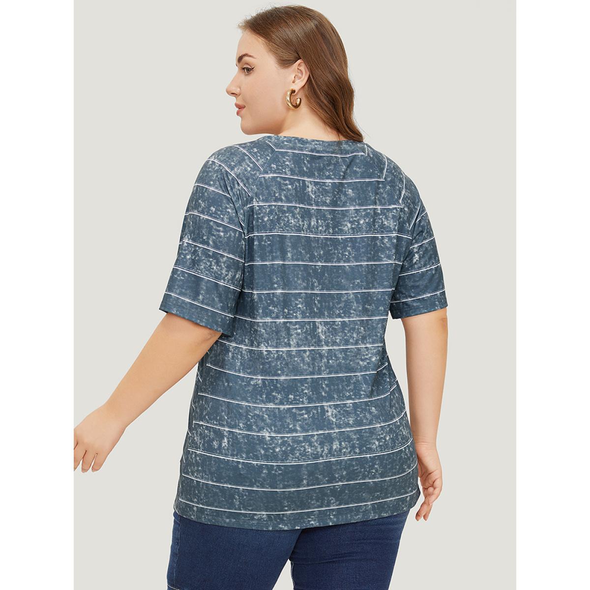 Plus Size Striped Print Raglan Sleeve Vintage T-shirt DimGray Women Casual Contrast Striped Round Neck Dailywear T-shirts BloomChic 10/M Product Image