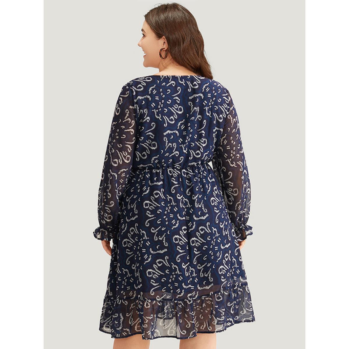 Plus Size Geometric Pocket Ruched Mesh Dress Cerulean Women Office Gathered V-neck Long Sleeve Curvy Midi Dress BloomChic 18-20/2X Product Image