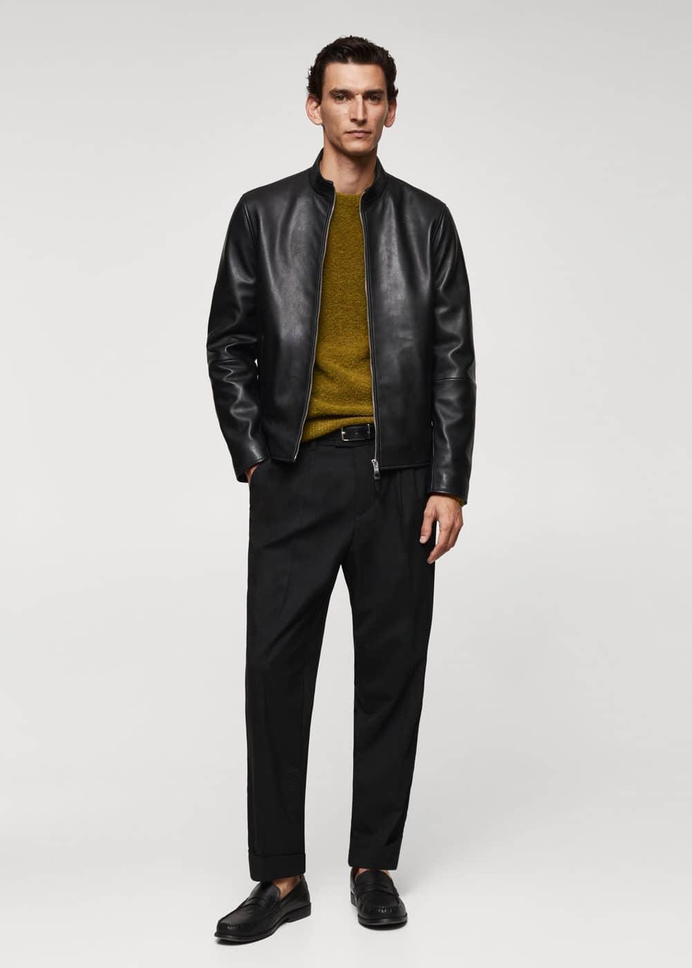Mango Mens Zip-Detail Leather Biker Jacket Product Image