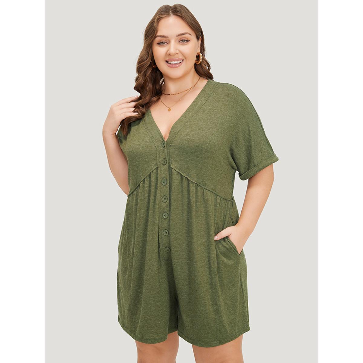 Plus Size ArmyGreen Solid Button Through Pocket Cuffed Batwing Sleeve Romper Women Casual Short sleeve V-neck Dailywear Loose Jumpsuits BloomChic 14-16/1X Product Image