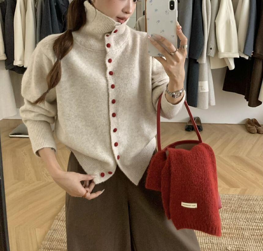 Turtleneck Plain Button-Up Cardigan Product Image