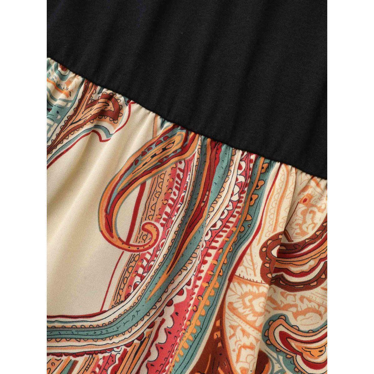 Plus Size Bandana Print Patchwork Elastic Waist Dress Black Women Resort Patchwork Mock Neck Elbow-length sleeve Curvy BloomChic 10/M Product Image