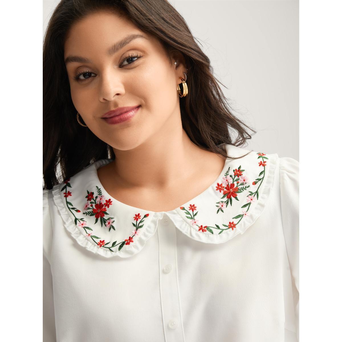 Plus Size Originalwhite Floral Embroidered Doll Collar Blouse Women Elbow-length sleeve Peter Pan collar Everyday-Elegant Blouses BloomChic 12/L Product Image