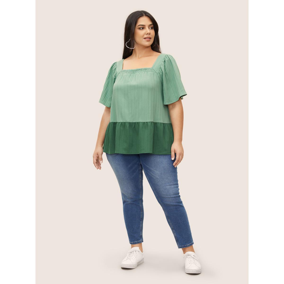 Plus Size Mint Two Tone Textured Shirred Patchwork Ruffles Hem Blouse Women Casual Half Sleeve Square Neck Everyday Blouses BloomChic 10/M Product Image