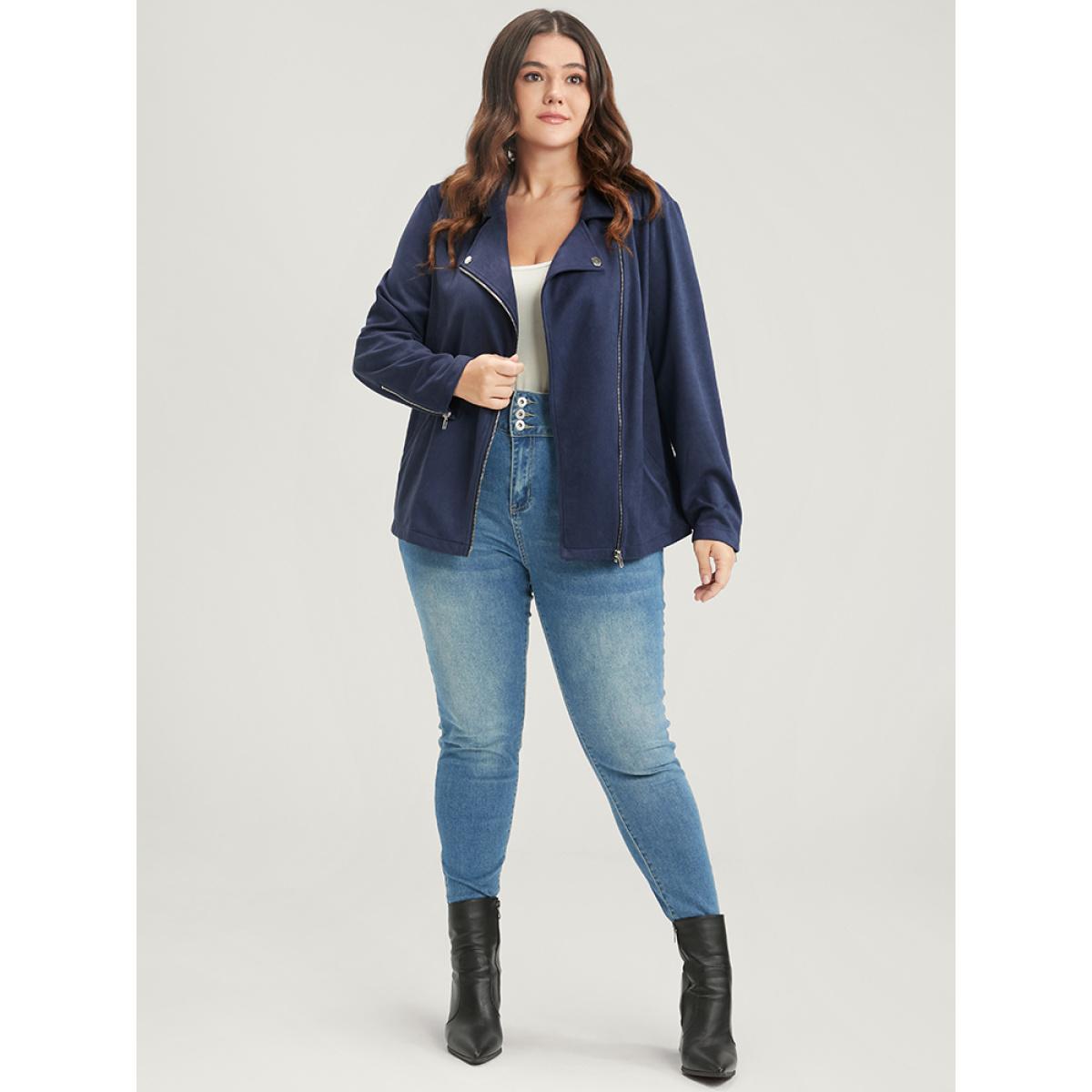 Plus Size Solid Lapel Collar Pocket Zip Up Coat Women Indigo Casual Zipper Ladies Dailywear Winter Coats BloomChic 22-24/3X Product Image