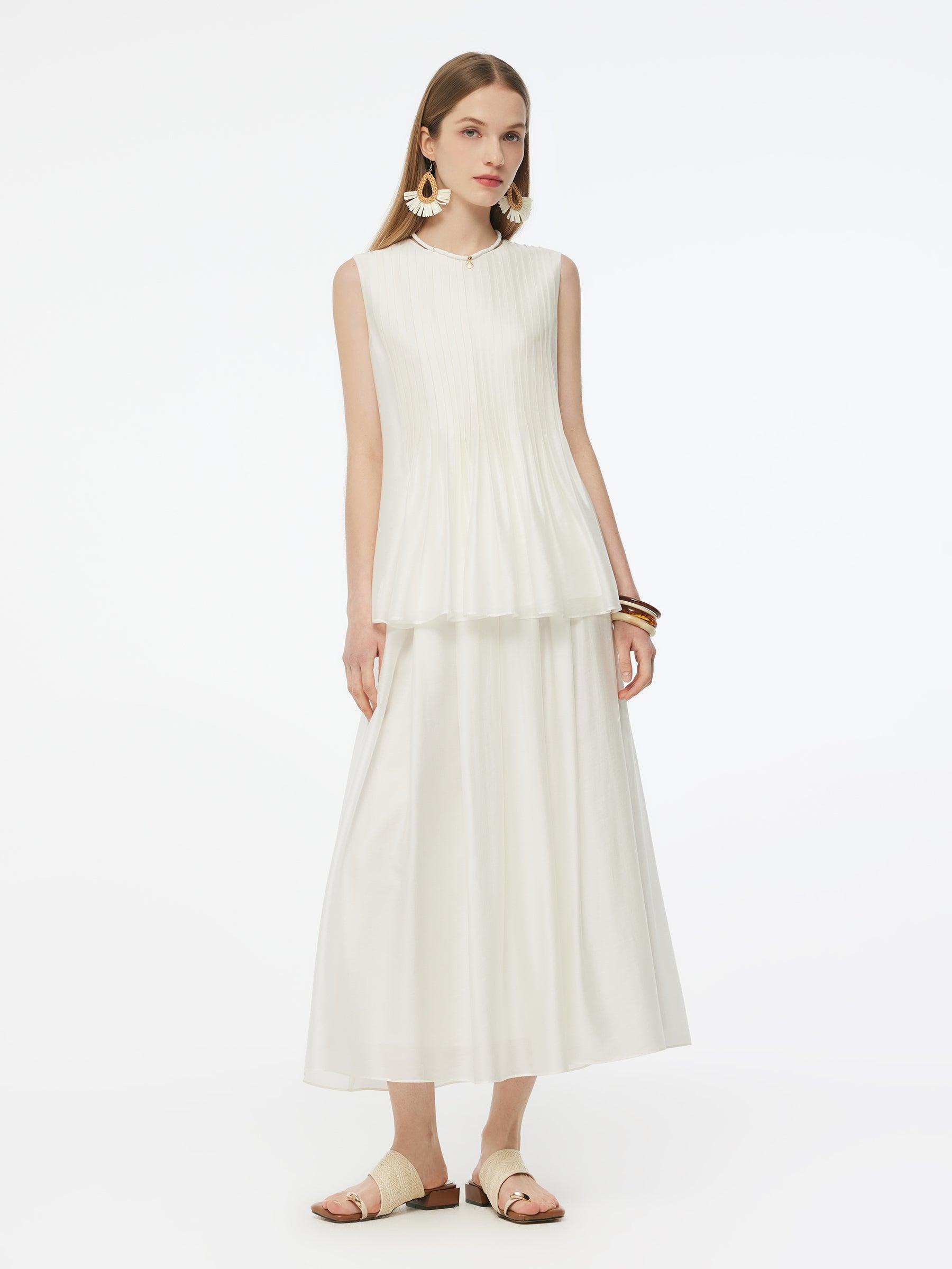 Tencel Blend Pleated Tank Top And Skirt Two-Piece Set Product Image