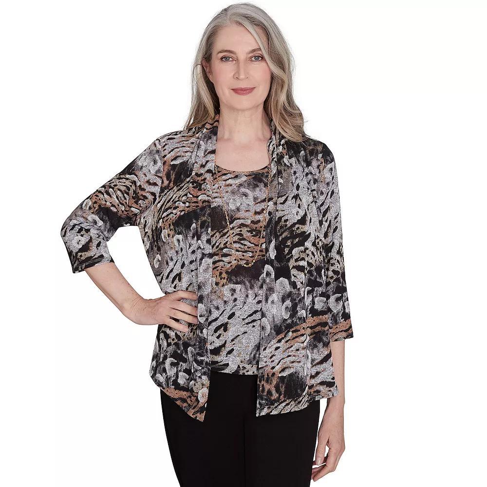 Women's Alfred Dunner Animal Melange Two-In-One Top with Necklace, Size: Large, Neutral Product Image