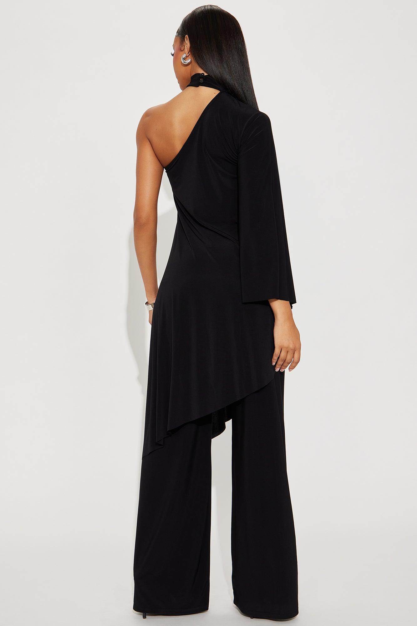 Draped Devotion One Shoulder Pant Set  - Black Product Image