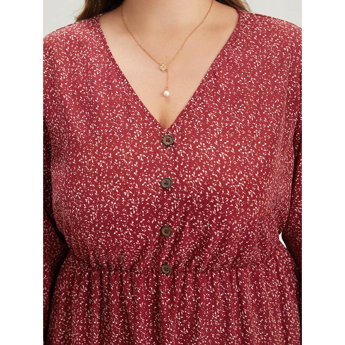 Plus Size Ditsy Floral V Neck Lantern Sleeve Ruffle Layered Hem Dress Scarlet Women Elegant Elastic cuffs V-neck Long Sleeve Curvy Midi Dress BloomChic 30/6X Product Image