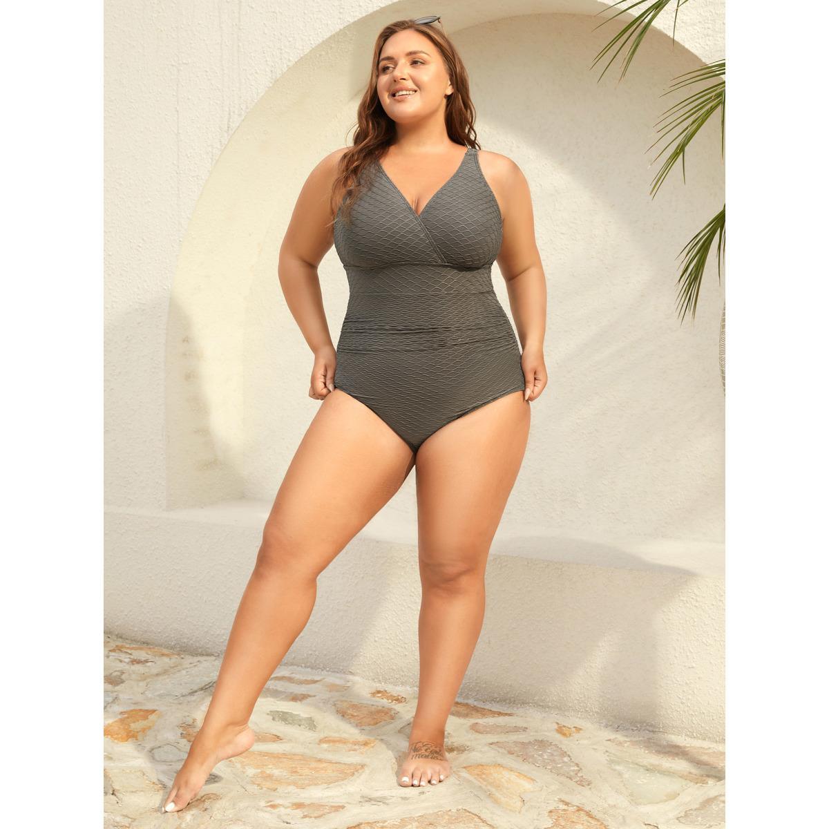 Plus Size Textured Surplice One-Piece Swimsuit Women's Swimwear DimGray Beach Texture Curve Bathing Suits High stretch One Pieces BloomChic 18-20/2X Product Image