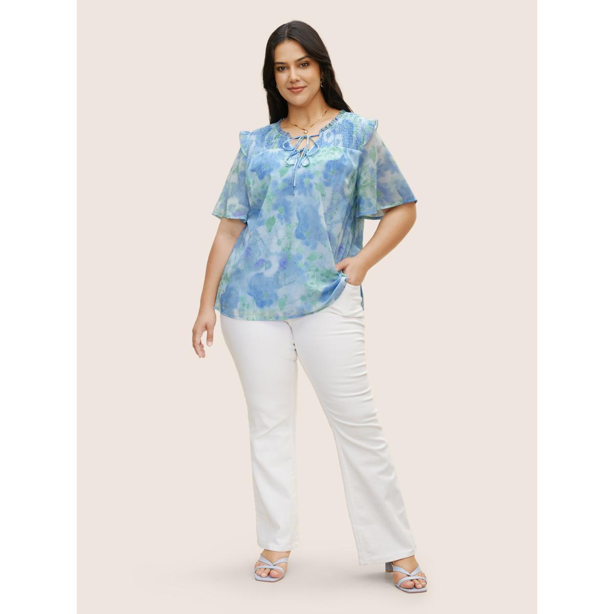 Plus Size LightBlue Watercolor Floral Frill Trim Shirred Blouse Women Elegant Half Sleeve Flat collar with V-notch Everyday Blouses BloomChic 14-16/1X Product Image