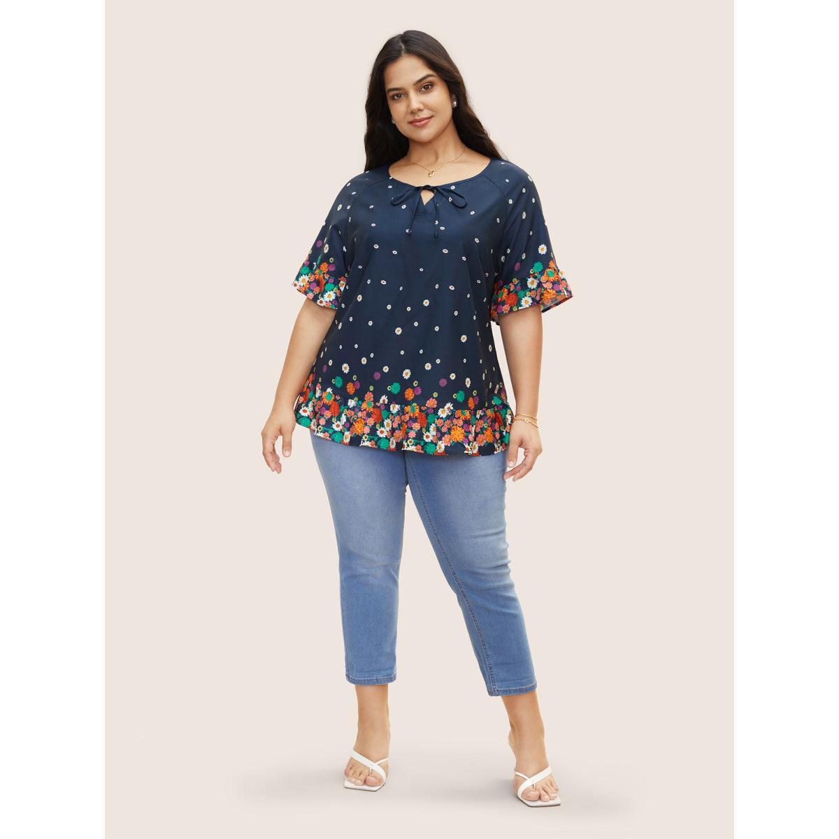 Plus Size Indigo Boho Print Ruffles Tie Knot Blouse Women Elegant Half Sleeve Flat collar with V-notch Everyday Blouses BloomChic 22-24/3X Product Image