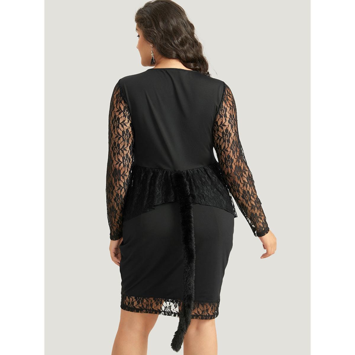 Plus Size Halloween Guipure Lace Zipper Fly Layered Dress Black Women Elegant See through V-neck Long Sleeve Curvy Knee Dress BloomChic 18-20/2X Product Image