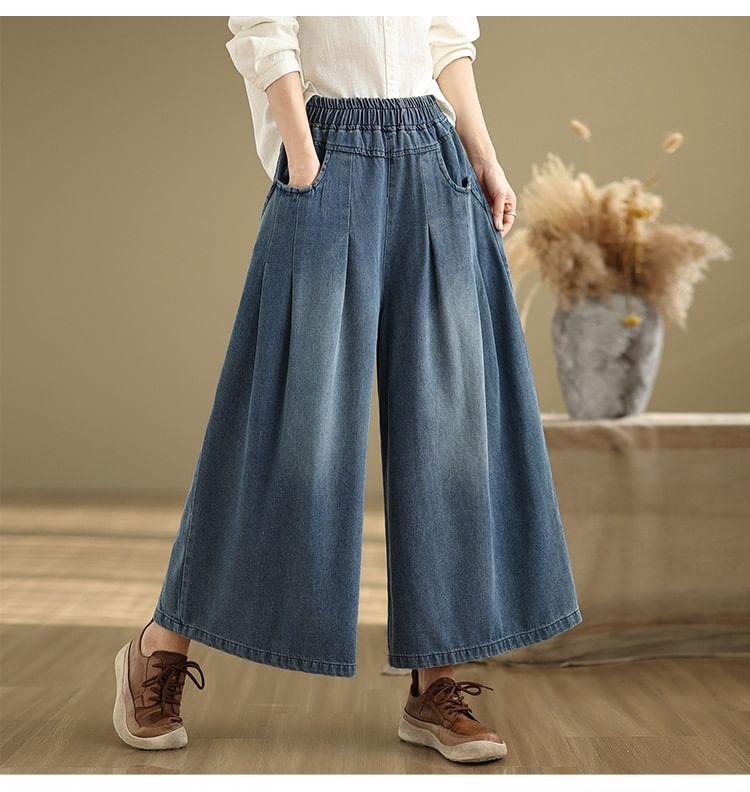 Elastic Waist Washed Pleated Denim Culottes Product Image