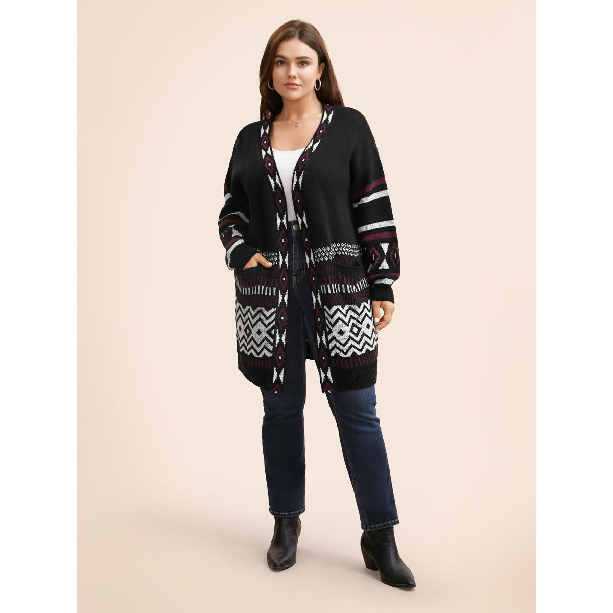 Plus Size Bandana Drop Shoulder Pocket Cardigan Black Women Casual Loose Long Sleeve Everyday Cardigans BloomChic 28/5X Product Image