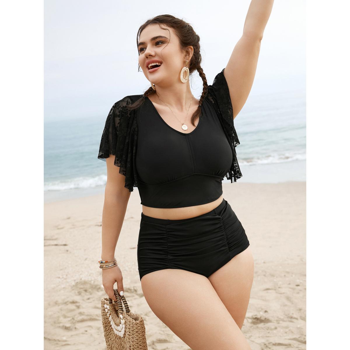 Plus Size U Neck Crochet Lace Mesh Swim Top Women's Swimwear Black Beach Texture High stretch Skinny U-neck Curve Swim Tops BloomChic 30/6X Product Image