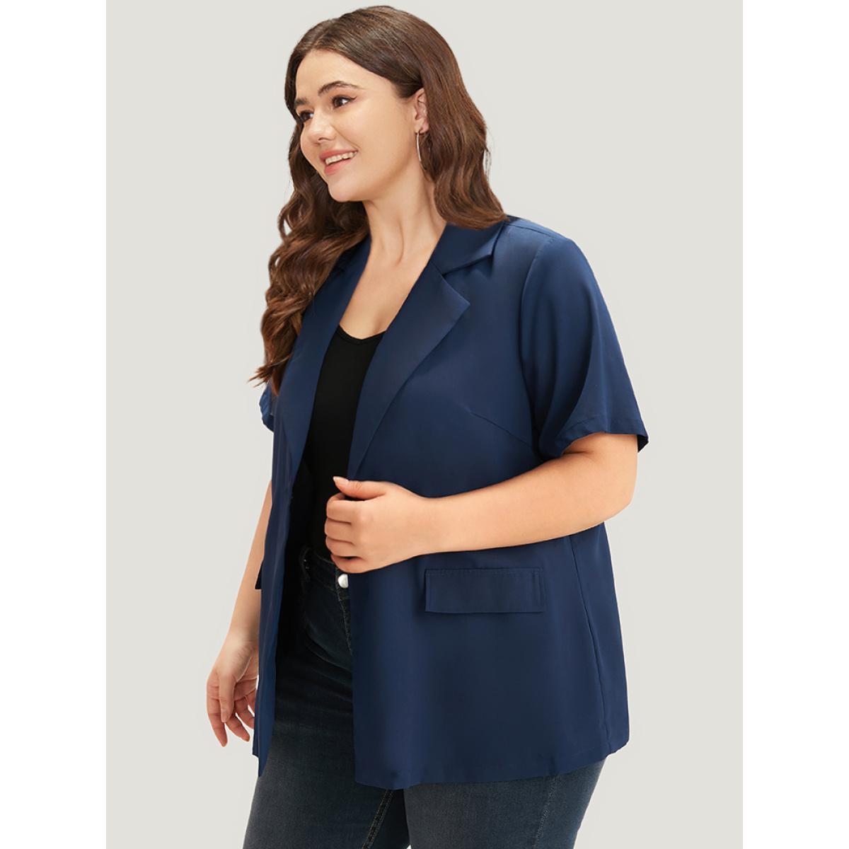 Plus Size Plain Button Through Flap Pocket Suit Collar Blazer Indigo Women Dailywear Plain Drape Sleeve Short sleeve Lapel Collar 10/M Pocket Casual Blazers BloomChic Product Image