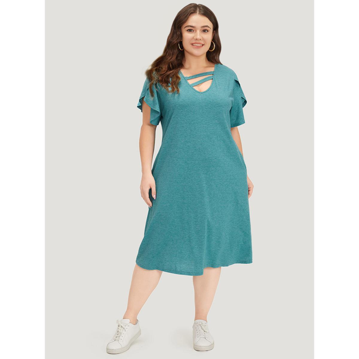 Plus Size Supersoft Essentials Solid Pocket Keyhole Petal Sleeve Dress Cerulean Women Casual Plain V-neck Short sleeve Curvy Midi Dress BloomChic 12/L Product Image