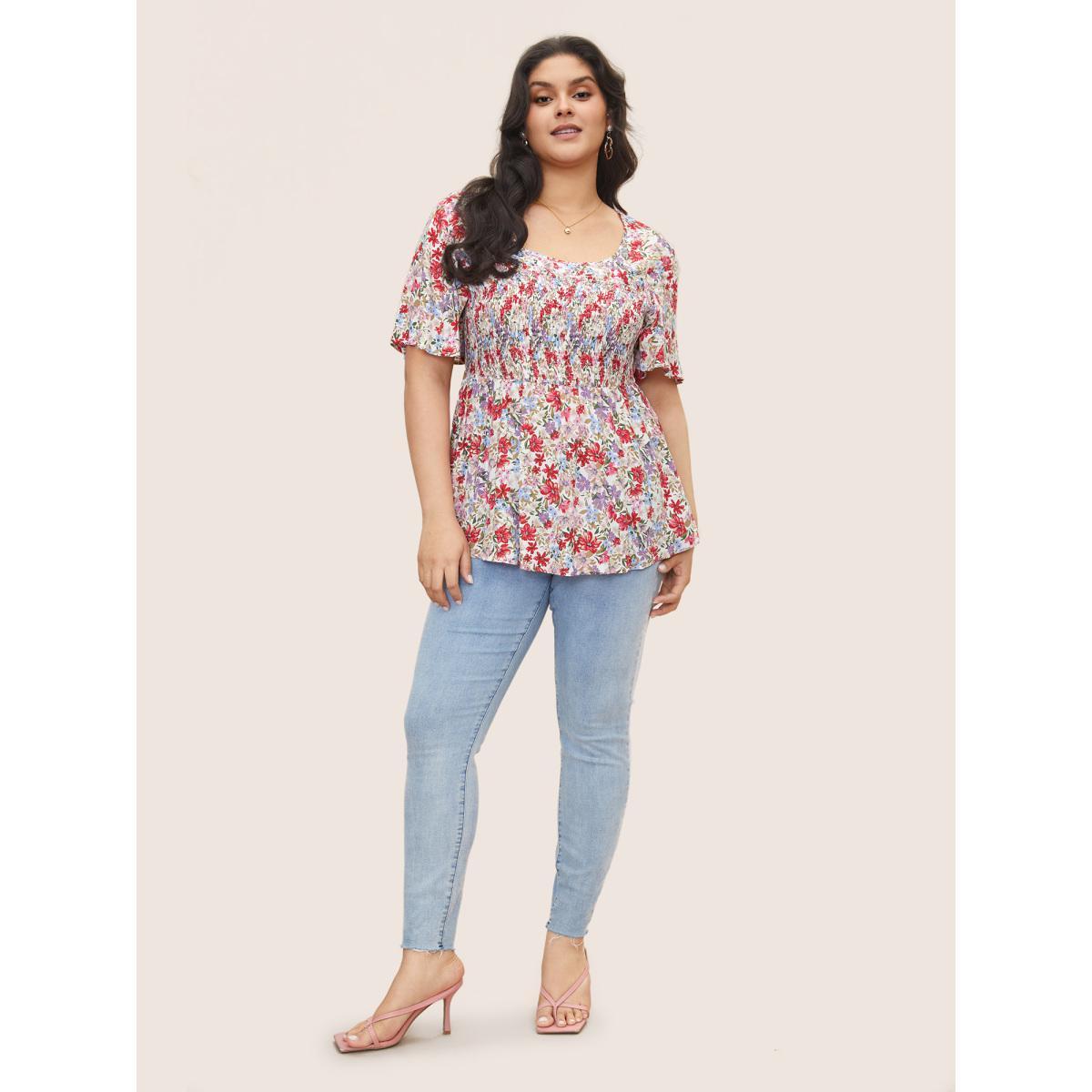 Plus Size White Rayon Floral Print Shirred Ruffle Sleeve Blouse Women Elegant Short sleeve U-neck Everyday Blouses BloomChic 28/5X Product Image