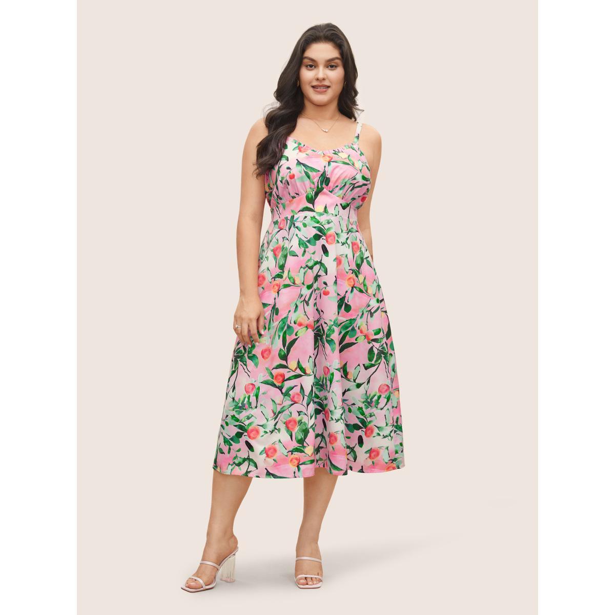 Plus Size Citrus Fruit Print Frill Trim Pocket Cami Dress Pink Women Elegant Non V-neck Sleeveless Curvy Midi Dress BloomChic 26/4X Product Image