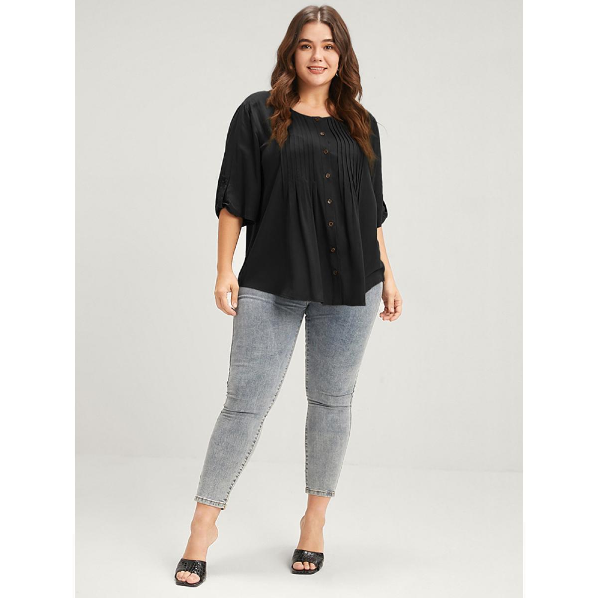 Plus Size Black Solid Button Pleated Round Neck Blouse Women Office Short sleeve Round Neck Work Blouses BloomChic 14-16/1X Product Image