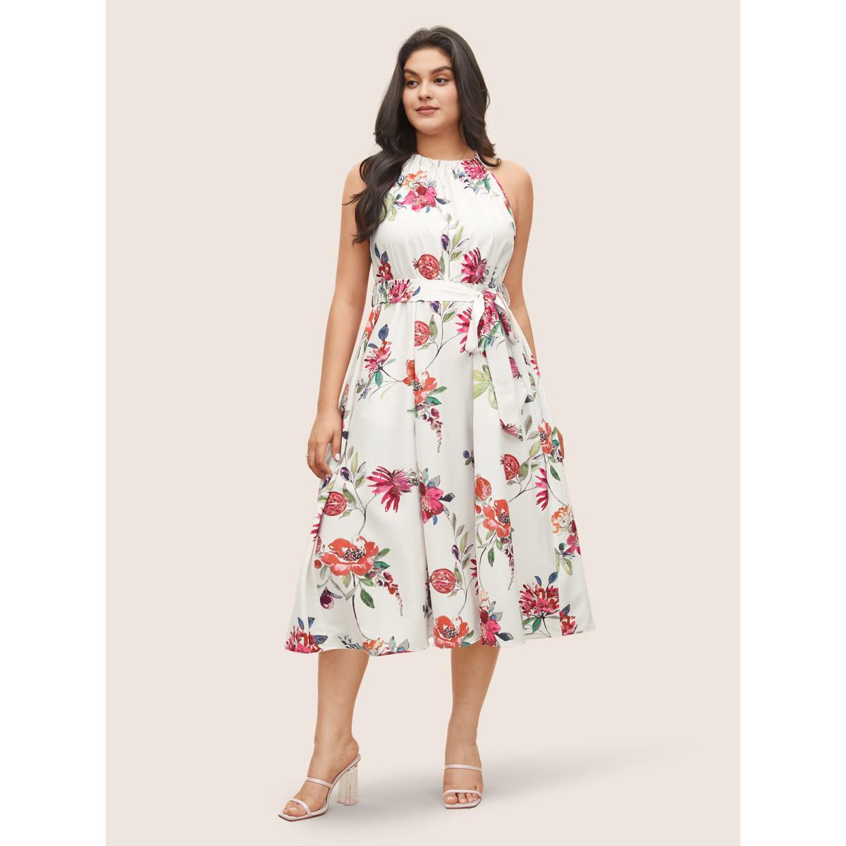 Plus Size Citrus Fruit Print Halter Belted Gathered Dress Originalwhite Women Elegant Non Halter neck Sleeveless Curvy Midi Dress BloomChic 28/5X Product Image