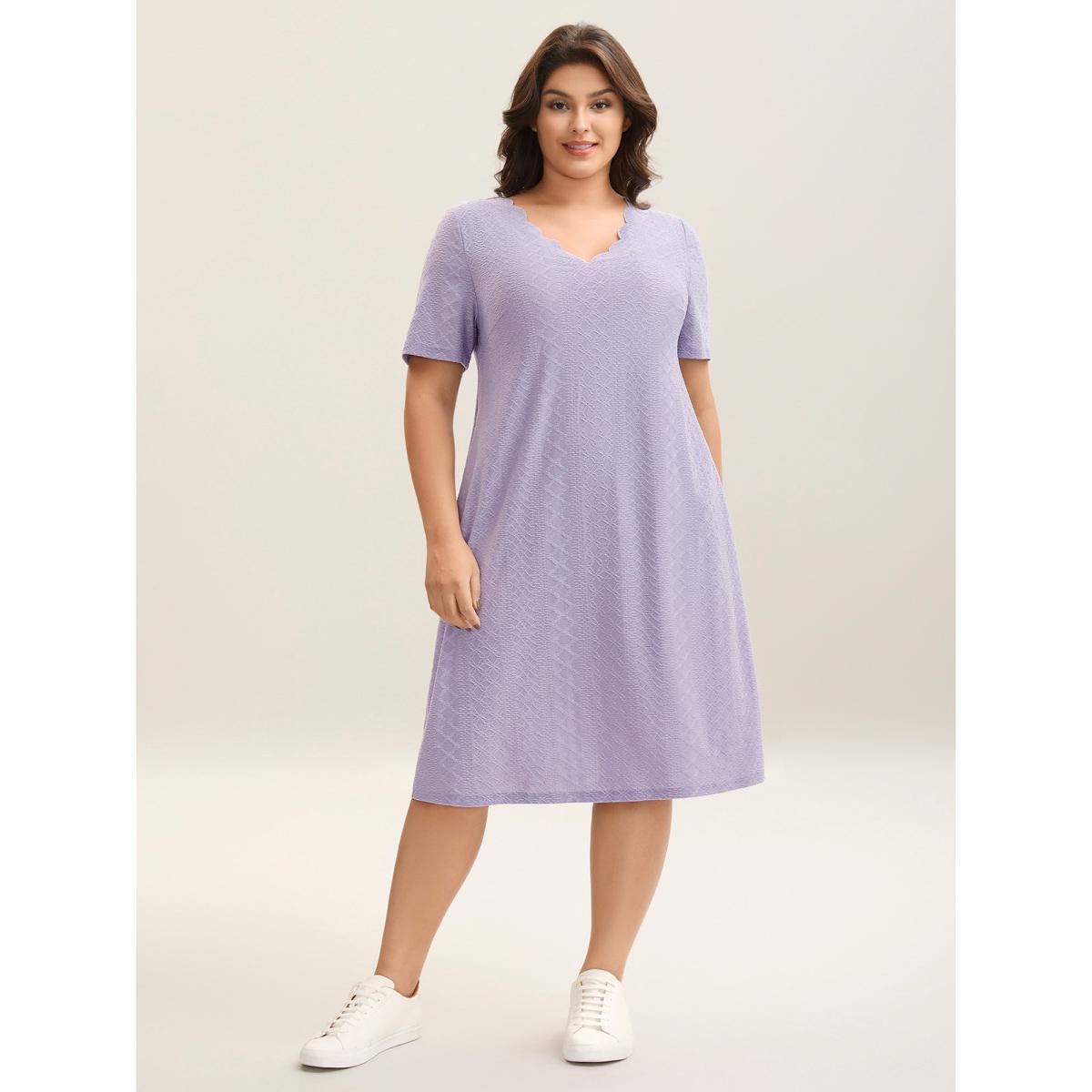 Plus Size Textured Knit Scalloped Neckline Midi Dress Lilac Women Knit Dresses Bloomchic 10/M Product Image