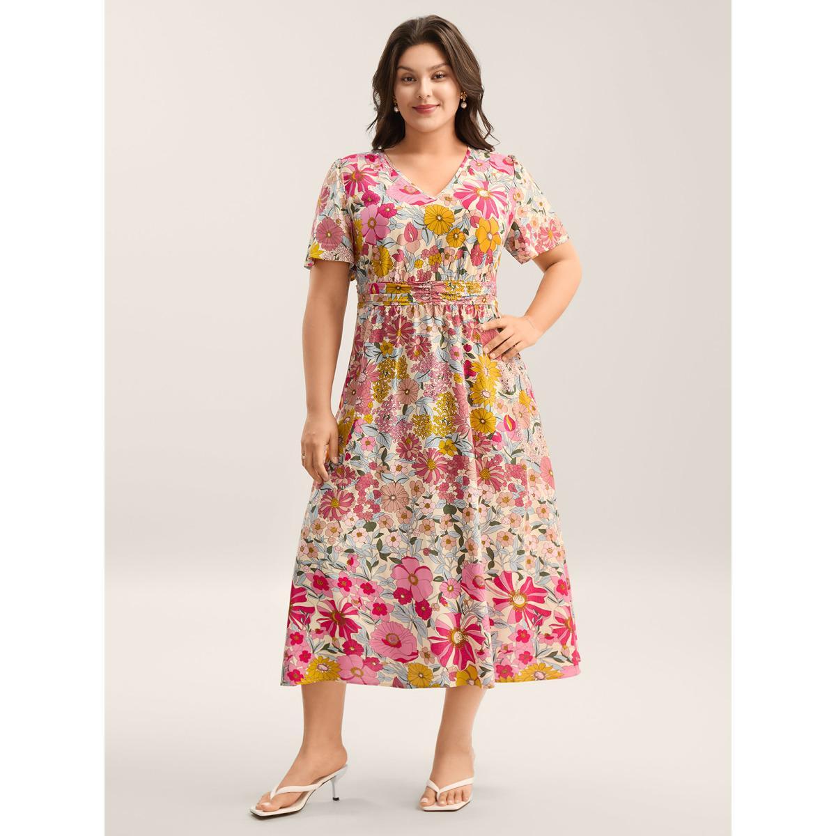 Plus Size Vibrant Floral Print Pleated Waist Midi Dress Blush Women V-neck Short sleeve Curvy BloomChic 30/6X Product Image