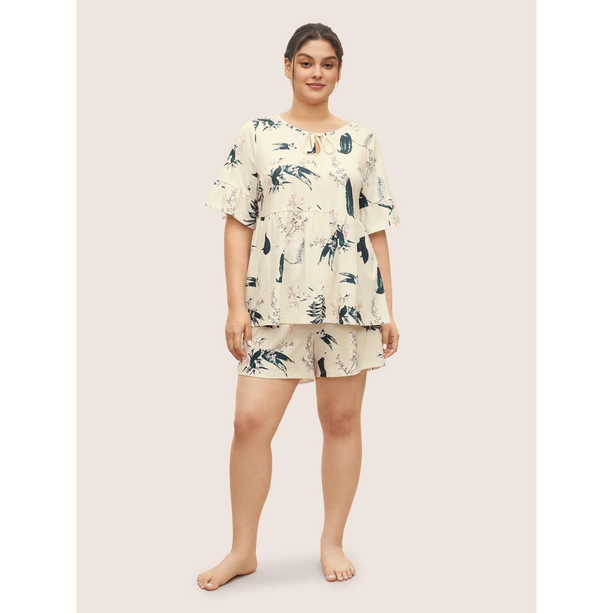 Plus Size Plants Print Knot Ties Gathered Pajama Sets Women Yellow Plants Non Half Sleeve Round Neck Lounge Loungewear Sets BloomChic 26/4X Product Image