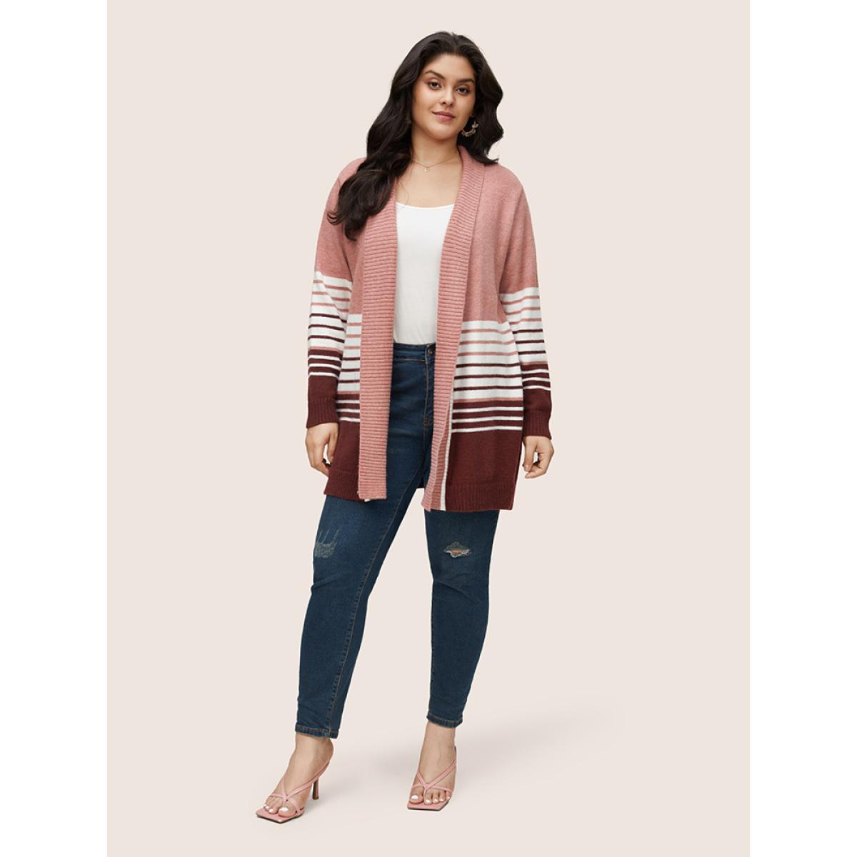 Plus Size Striped Colorblock Contrast Lapel Collar Cardigan Watermelon Women Casual Loose Long Sleeve Dailywear Cardigans BloomChic 26/4X Product Image