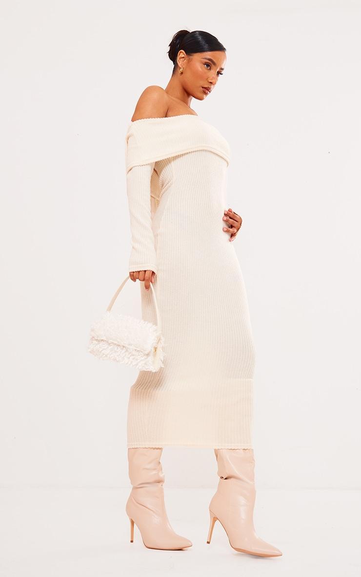 Cream Brush Rib Bow Detail Midi Dress Product Image