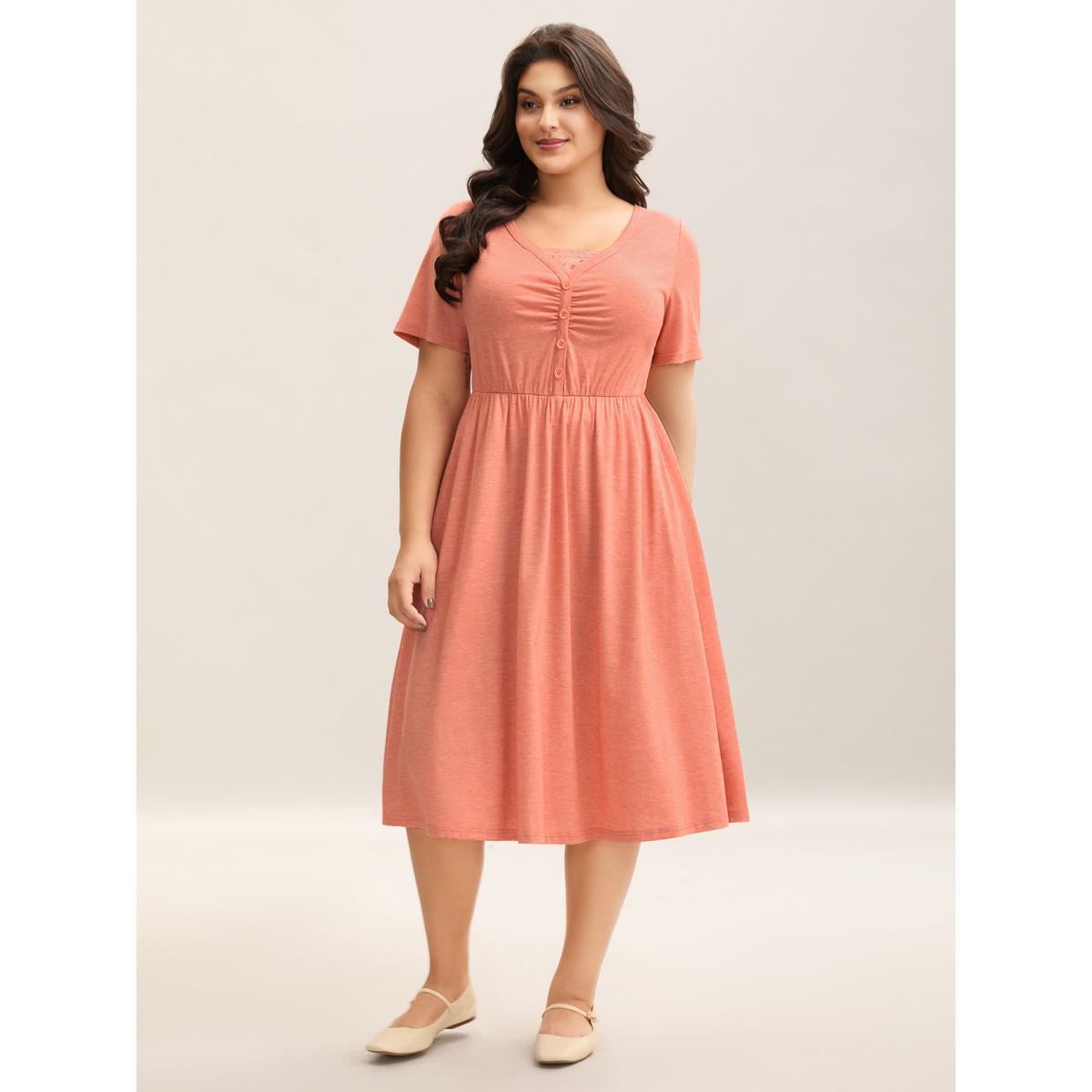 Plus Size Stretchy Knit Ruched Pockets Midi Dress Salmon Women Knit Dresses Bloomchic 10/M Product Image