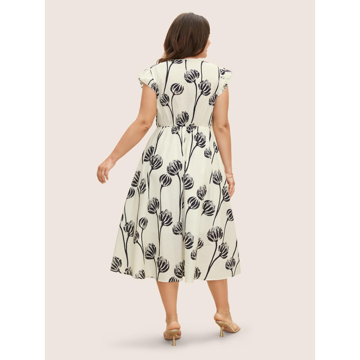Plus Size V Neck Floral Print Ruffle Cap Sleeve Dress WhiteSmoke Women Elegant Ruffles V-neck Cap Sleeve Curvy BloomChic 14-16/1X Product Image