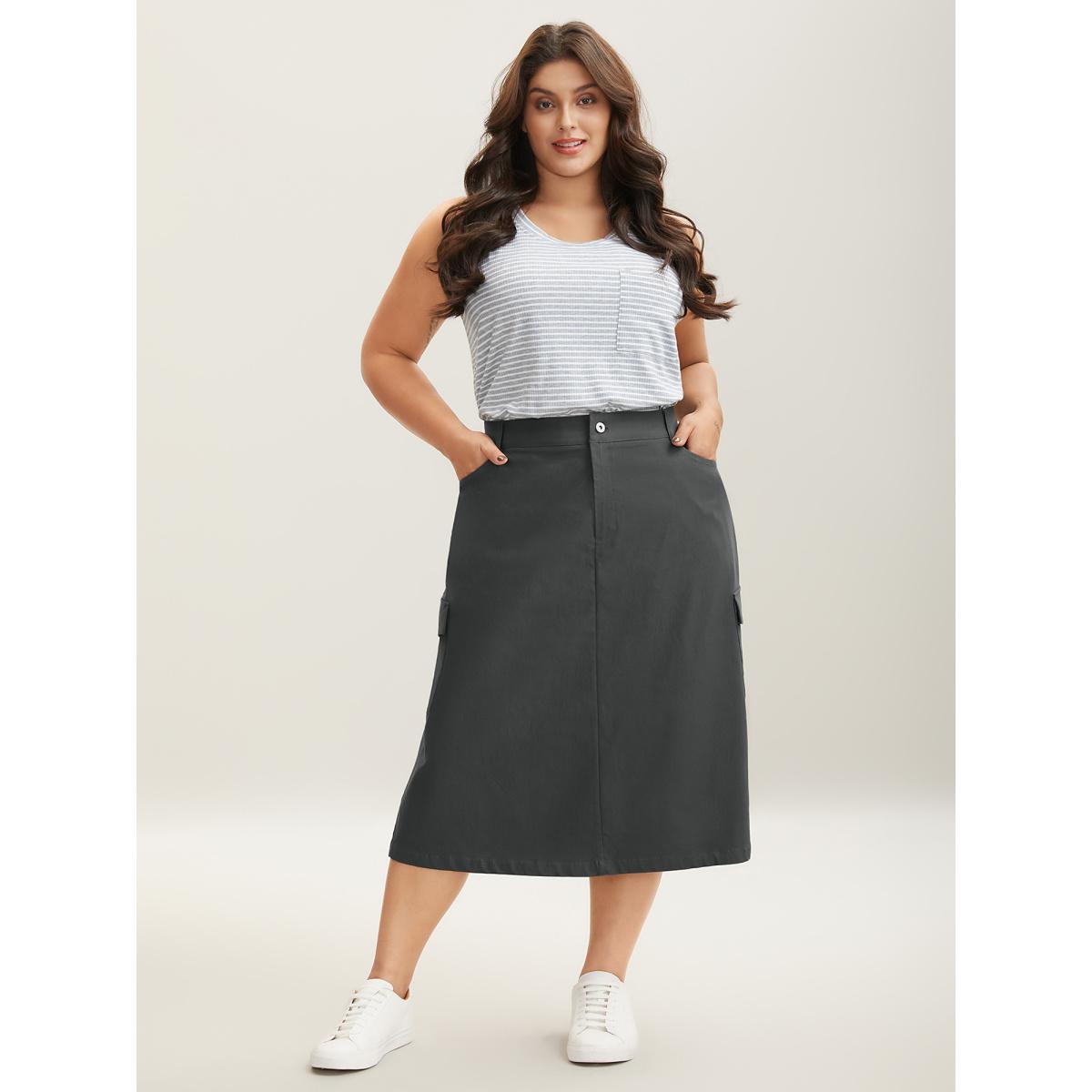 Plus Size Stretchy Functional Pockets Maxi Skirt Women DimGray Casual Low stretch Open pocket with flap Everyday-Casual Skirts BloomChic 14-16/1X Product Image