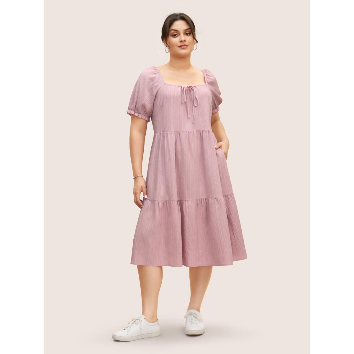 Plus Size Square Neck Textured Ruffle Layered Hem Dress Beanpastepowder Women Casual Tie knot Square Neck Short sleeve Curvy BloomChic 18-20/2X Product Image