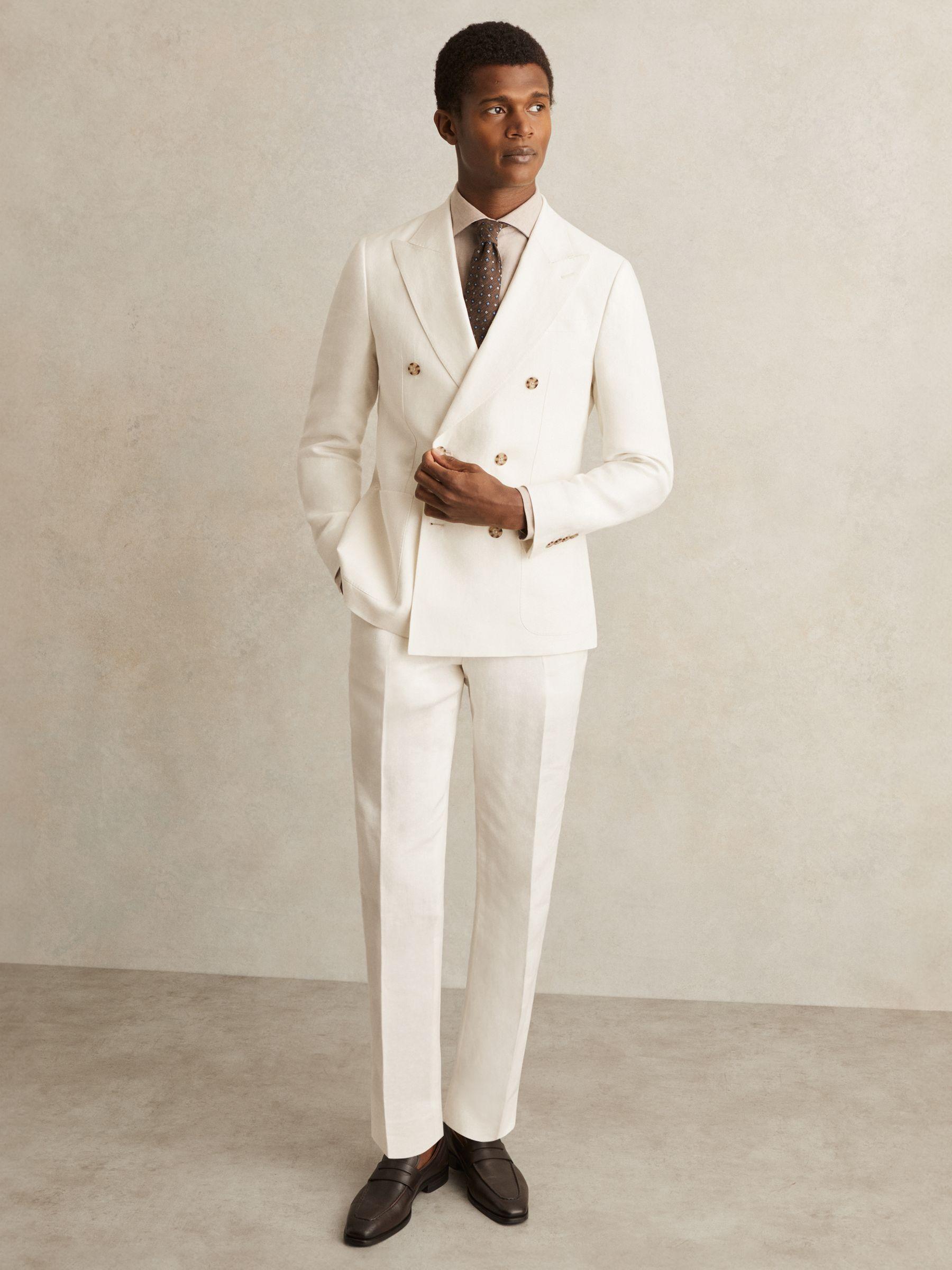Linen Double-Breasted Suit Blazer Slim-Fit in Herringbone in White Product Image