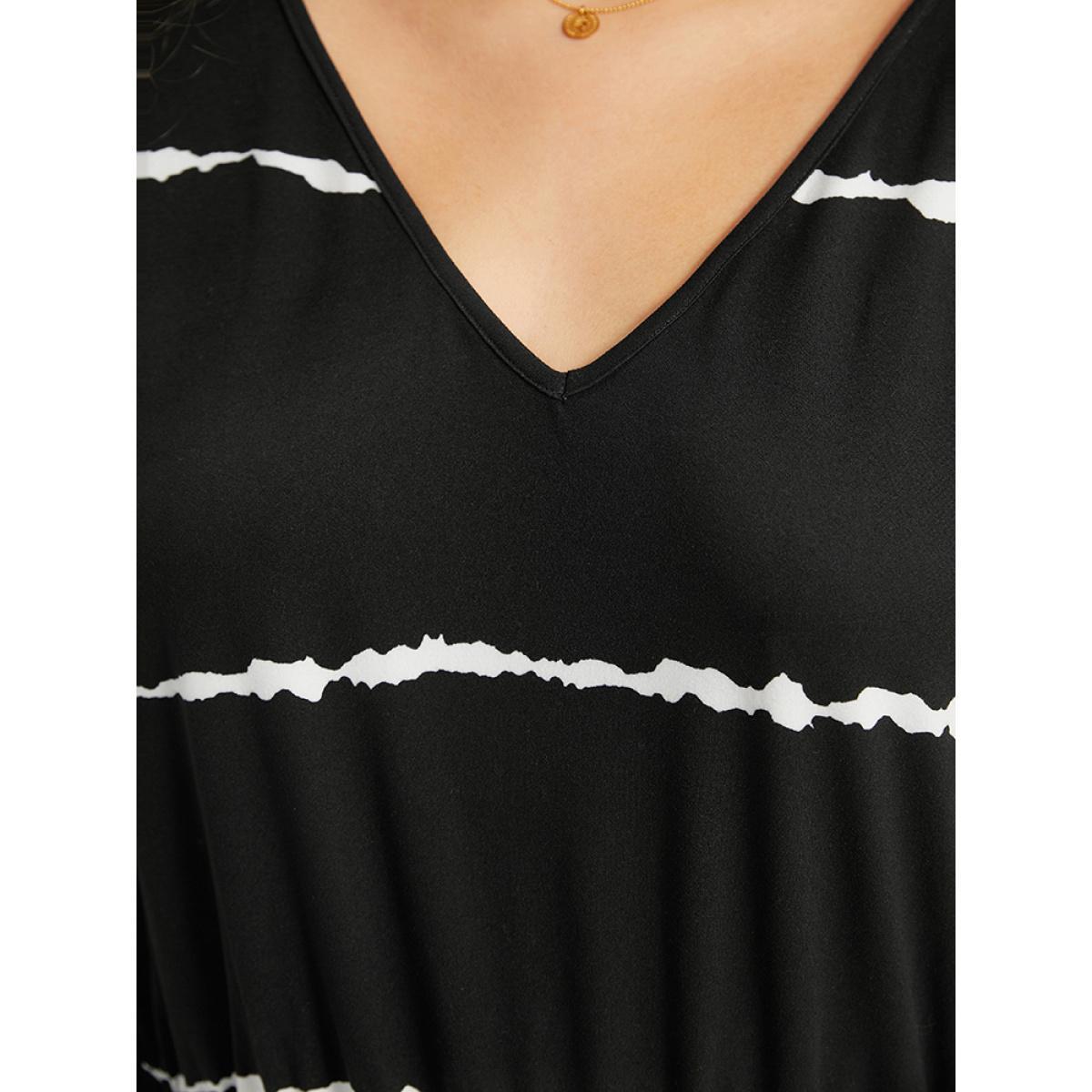 Plus Size Striped Print V Neck Elastic Waist Dress Black Women Casual Elastic Waist V-neck Long Sleeve Curvy Midi Dress BloomChic 14-16/1X Product Image
