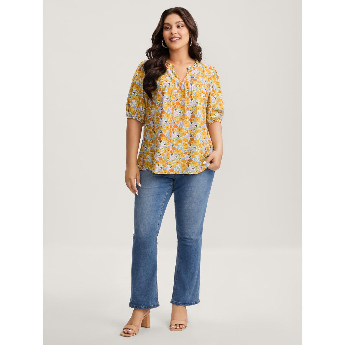 Plus Size LightBlue Rayon Ruffled Notched Collar Blouse Women Half Sleeve Notched collar Everyday-Elegant Blouses BloomChic 30/6X Product Image