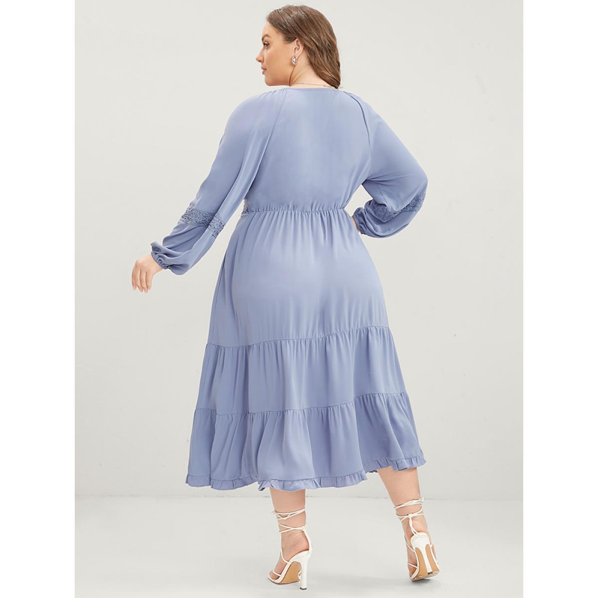 Plus Size Plain Wrap Pocket Lantern Sleeve Contrast Lace Ruffle Tiered Dress Stone Women Elegant Patchwork V-neck Long Sleeve Curvy Midi Dress BloomChic 10/M Product Image